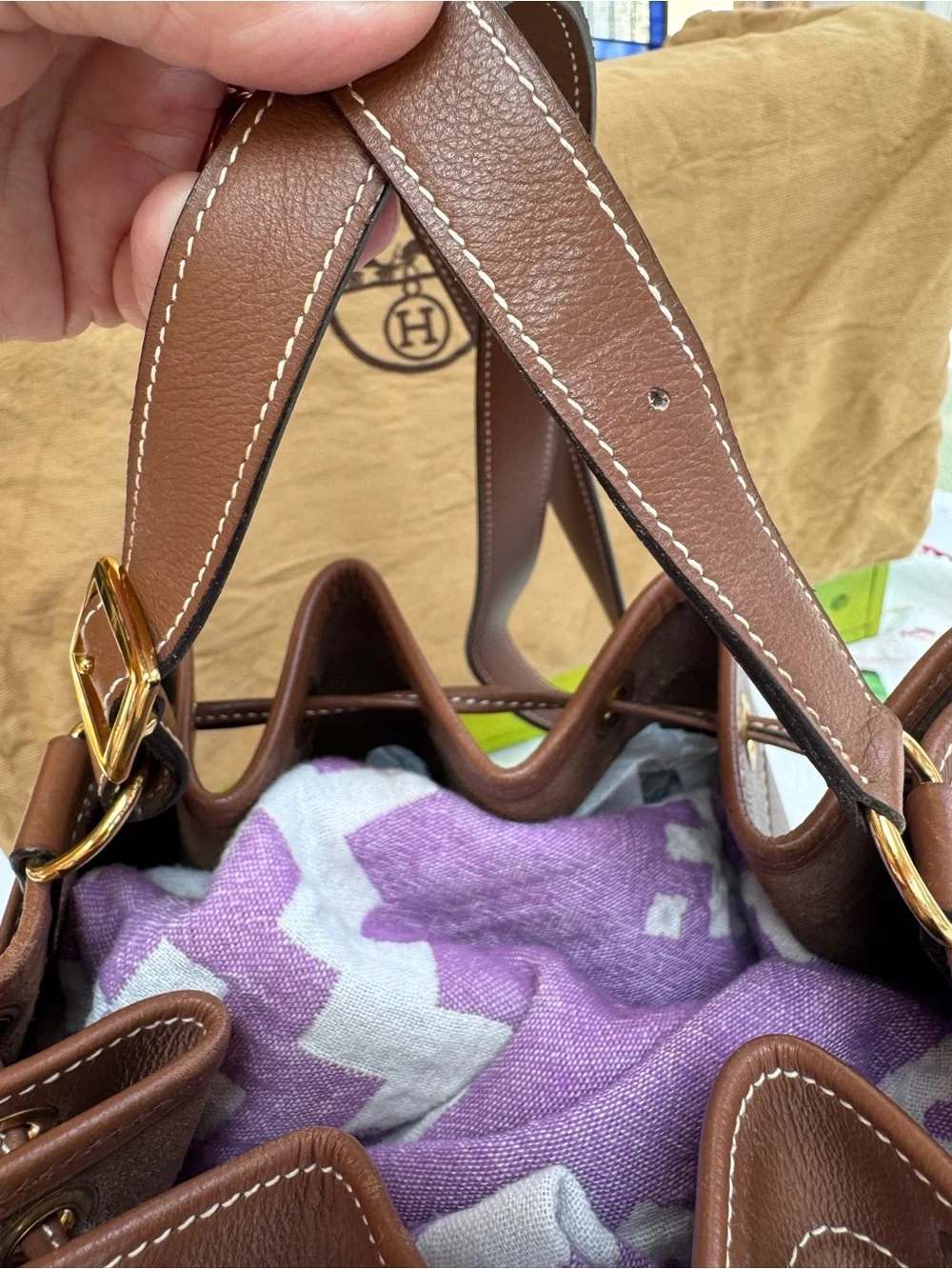 Hermes Brown Leather Drawstring Bucket Handbag - Courchevel